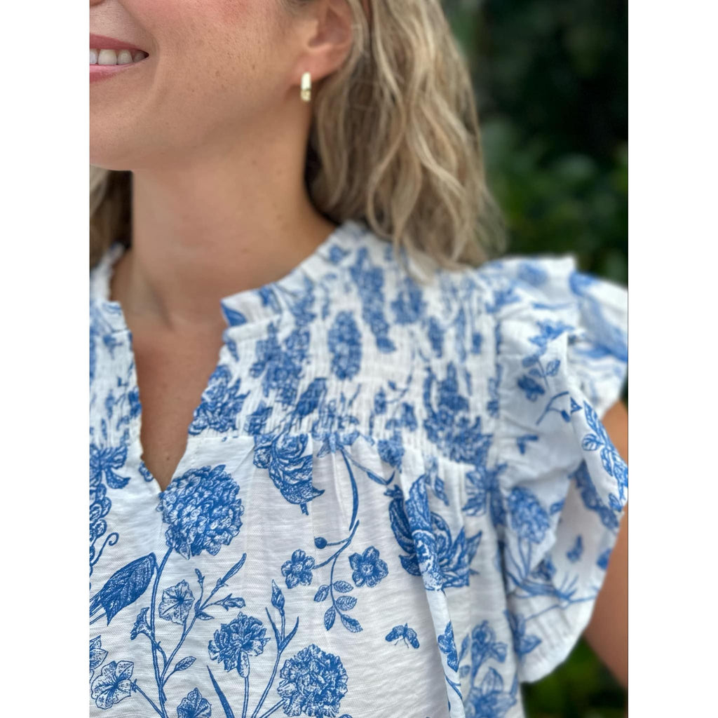 Natalia Floral Print Ruffle Sleeve Top - Blue/White