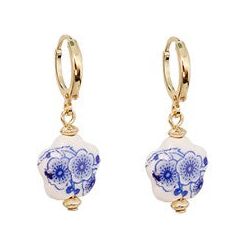 Floral Ceramic Hoop Earrings - Gold