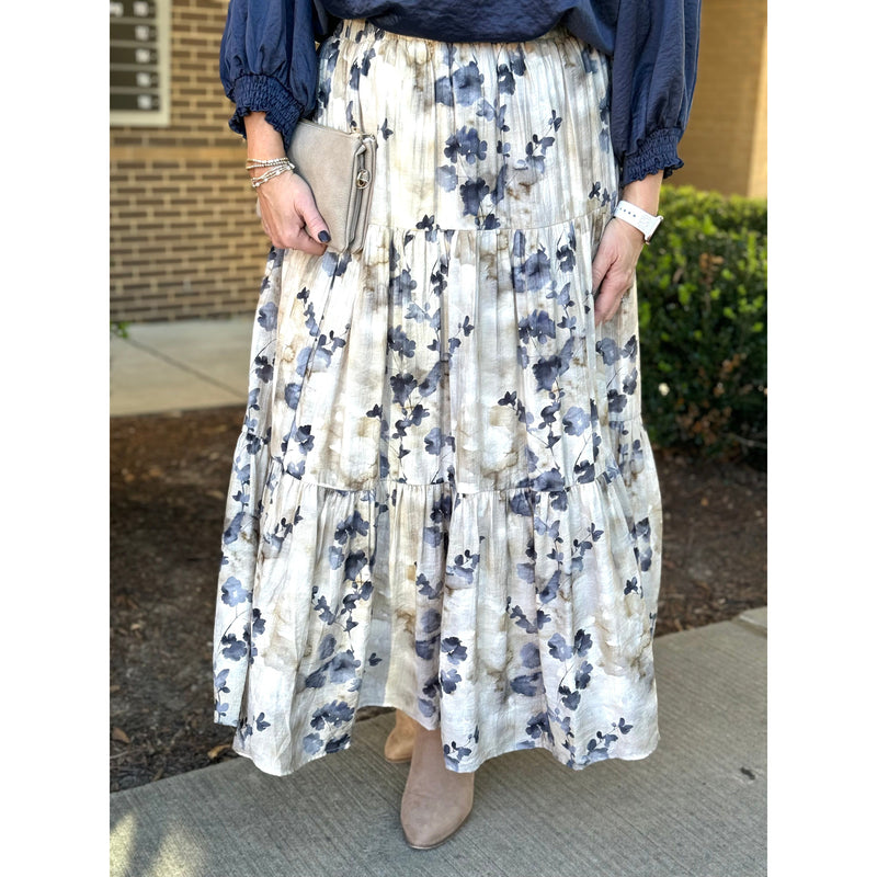 Natalie Floral Tiered Midi Skirt - Ecru/Navy