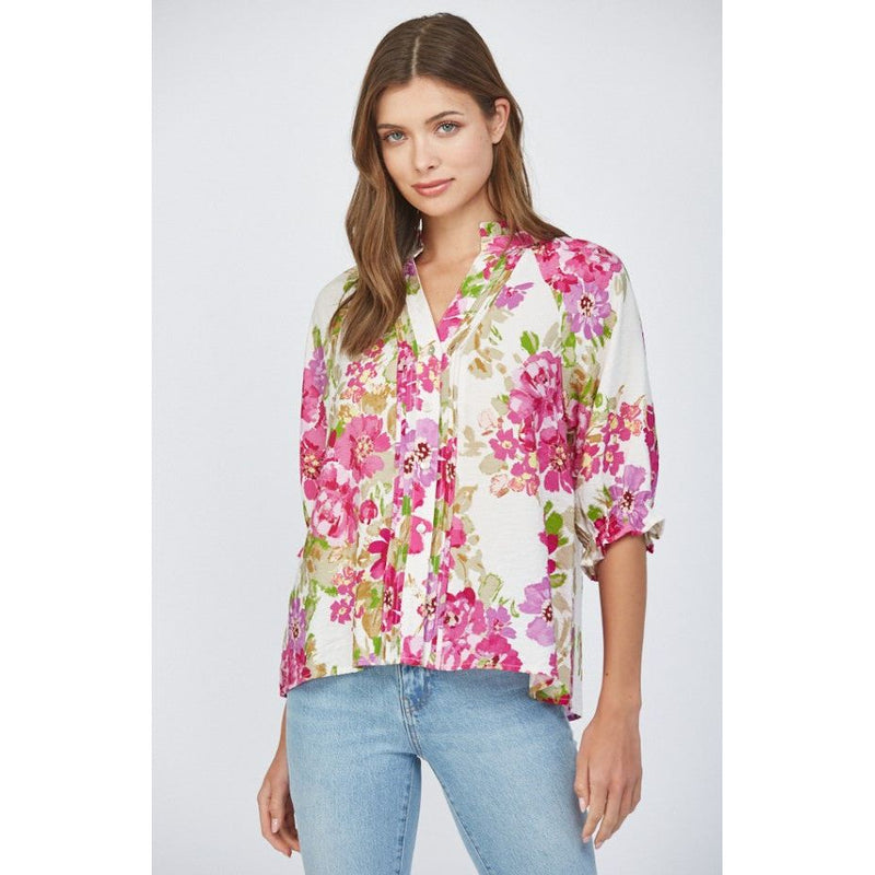 Carly Floral Pintuck Detail Top - Cream/Multi