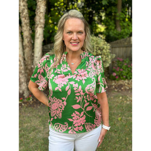 Anela Floral Satin Top - Pink/Green - FINAL SALE