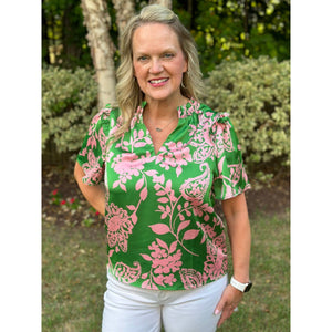 Anela Floral Satin Top - Pink/Green - FINAL SALE