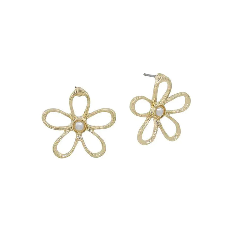 Flower Metal Frame with Pearl Post Earrings - Gold