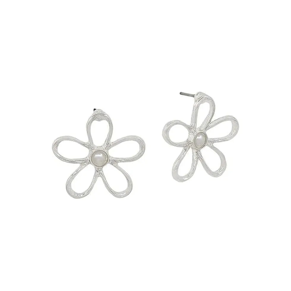 Flower Metal Frame with Pearl Post Earrings - Silver