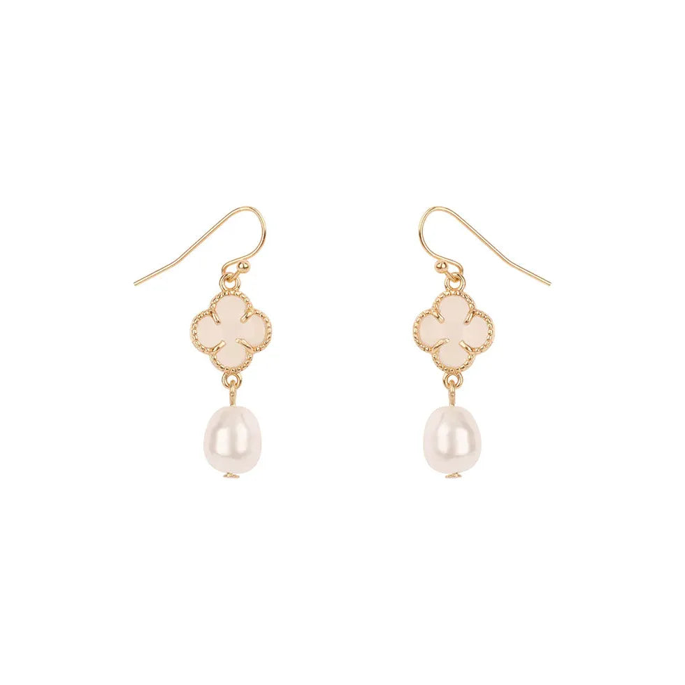 Glass Bead Pearl & Clover Earrings