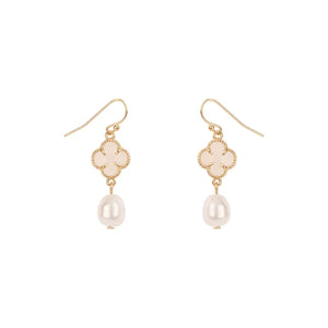 Glass Bead Pearl & Clover Earrings