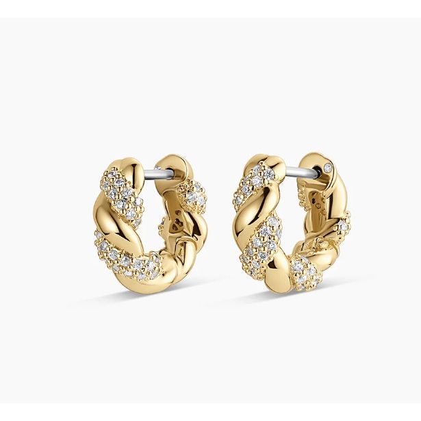 Gold hoop earrings with diamond accents on a white background