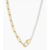 Gold and pearl chain necklace with a unique clasp on a white background