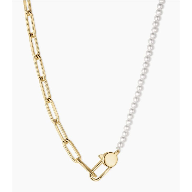 Gold and pearl chain necklace with a unique clasp on a white background