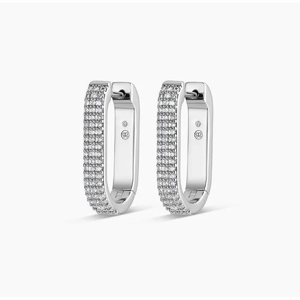 Pair of silver hoop earrings with embedded diamonds on a white background