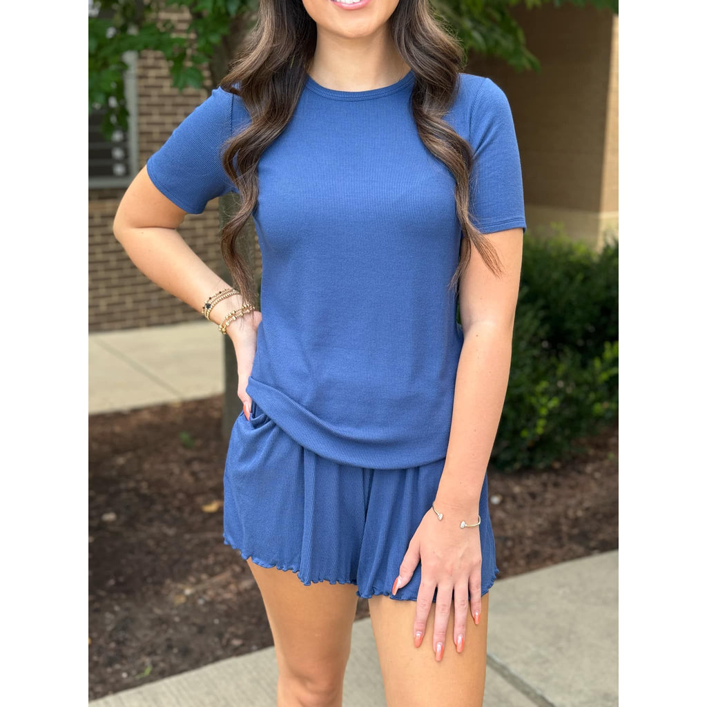 Grace and Lace Essential Ribbed Short Sleeve Fitted Tee - Classic Blue