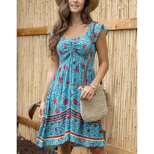 Grace and Lace Border Print Floral Smocked Dress - Blue