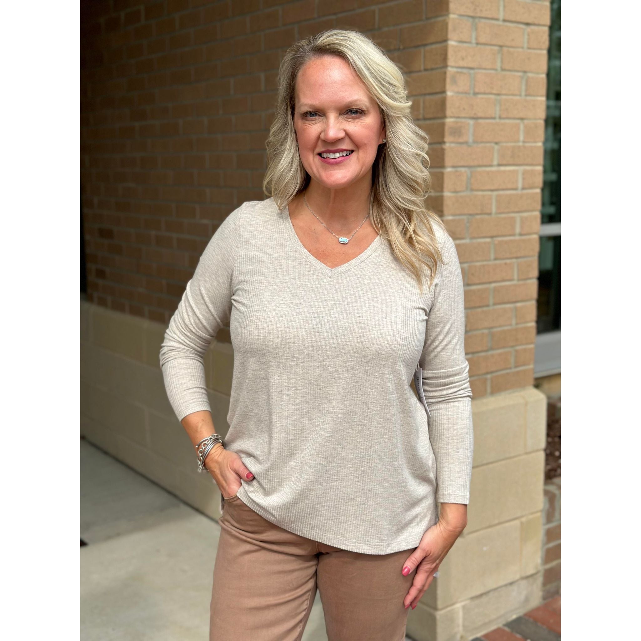 Heathered Oatmeal Ribbed Long Sleeve Top - Grace and Lace