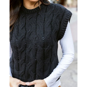 Grace and Lace Cabled Knit Sweater Vest - Black