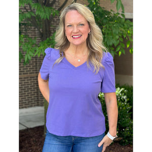 Grace and Lace Cotton Knit V-Neck Top - Iris - FINAL SALE