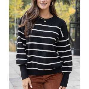 Grace and Lace Crew Neck Striped Sweater -  Black