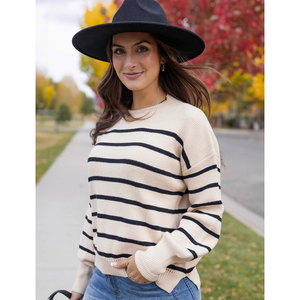 Grace and Lace Crew Neck Striped Sweater - Natural/Black