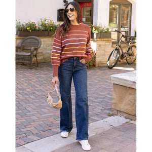 Grace and Lace Crew Neck Striped Sweater -  Terracotta