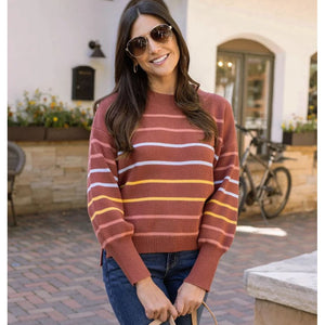 Grace and Lace Crew Neck Striped Sweater -  Terracotta