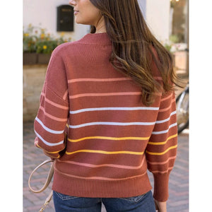 Grace and Lace Crew Neck Striped Sweater -  Terracotta