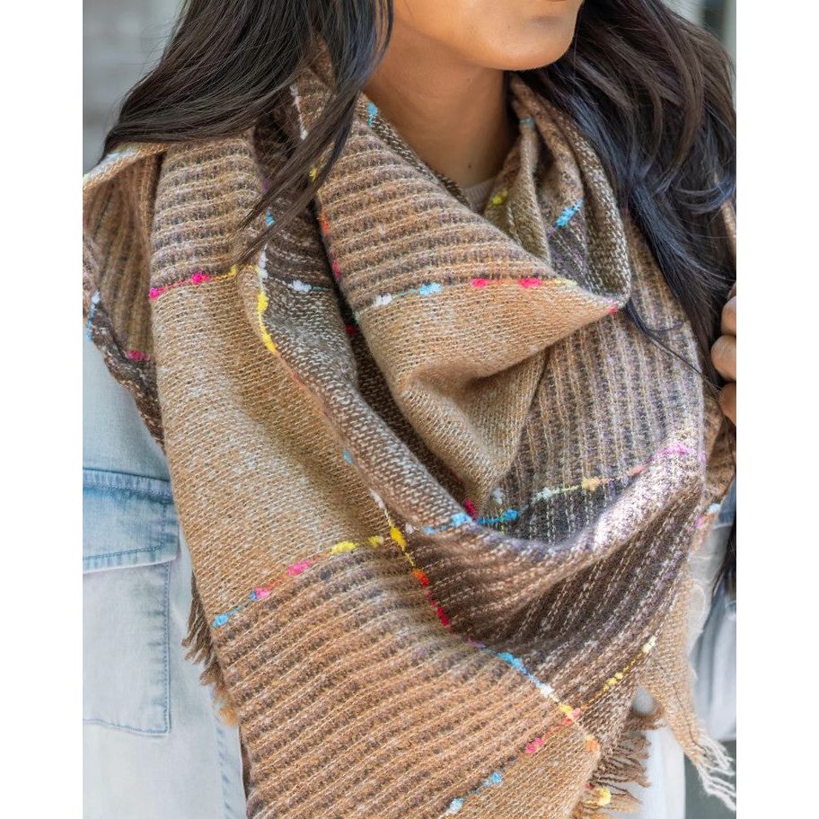 Grace and Lace Fall Fun Triangle Scarf - Tan Plaid