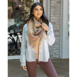 Grace and Lace Fall Fun Triangle Scarf - Tan Plaid