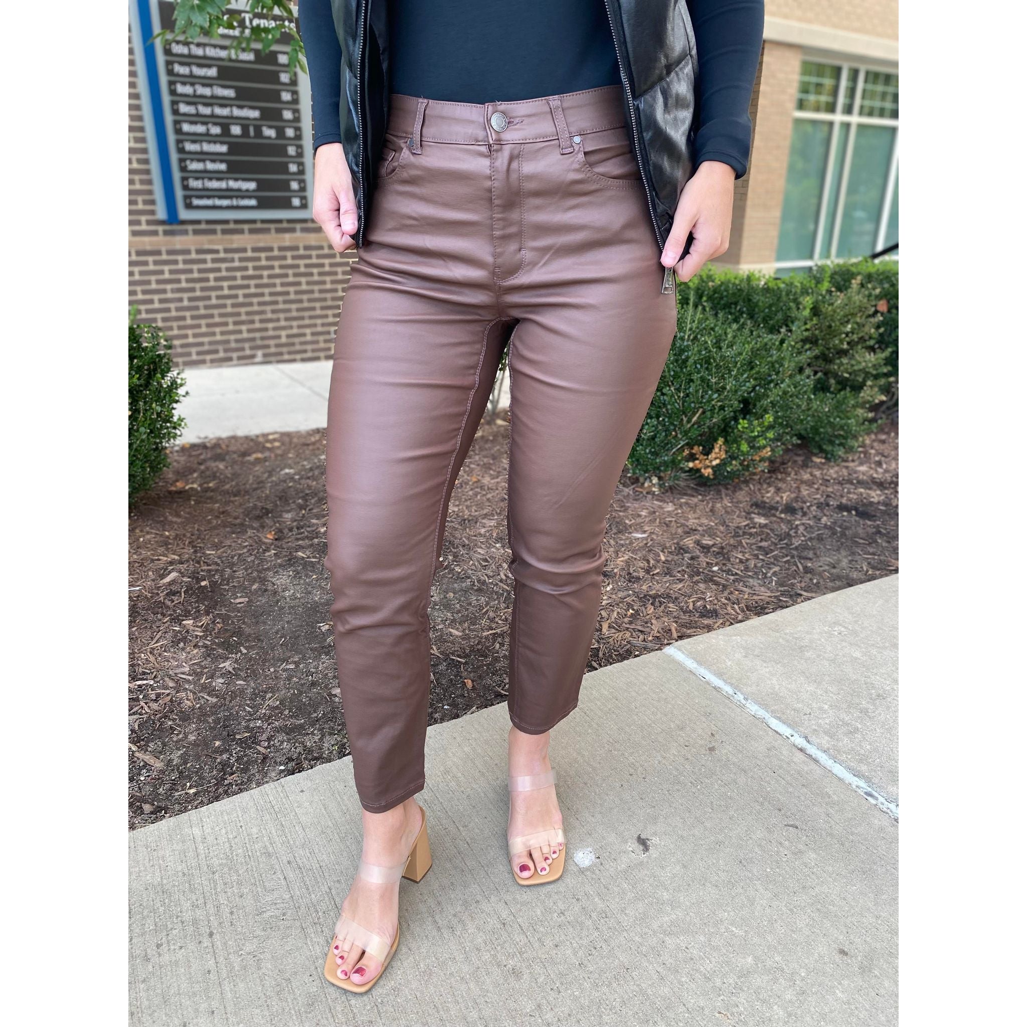 Pink PU Leather Cargo Pants Women Elastic Waist Leather Straight