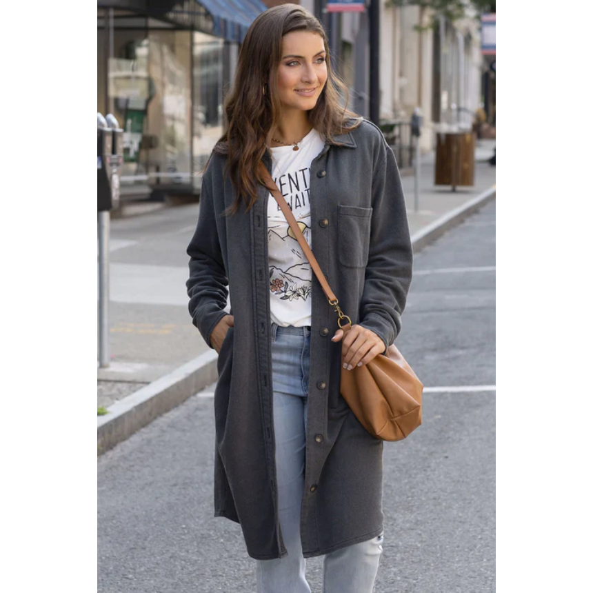 Grace and Lace Fleetwood Terry Duster Jacket - Washed Dark Grey