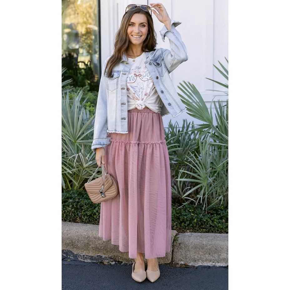 Grace and Lace Mesh Tiered Skirt - Blush