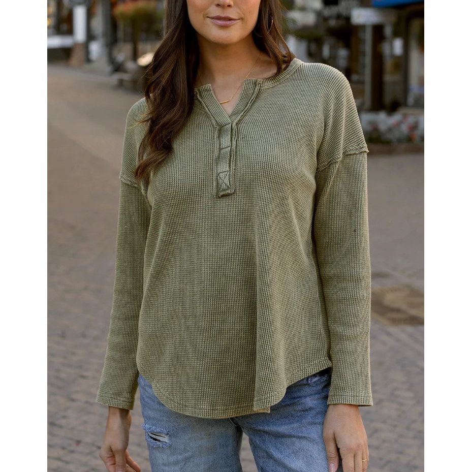 Grace and Lace Mineral Washed Chive Waffle Henley - Chive