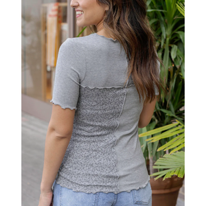 Grace and Lace Patched Ribbed Knit Tee - Heathered Grey