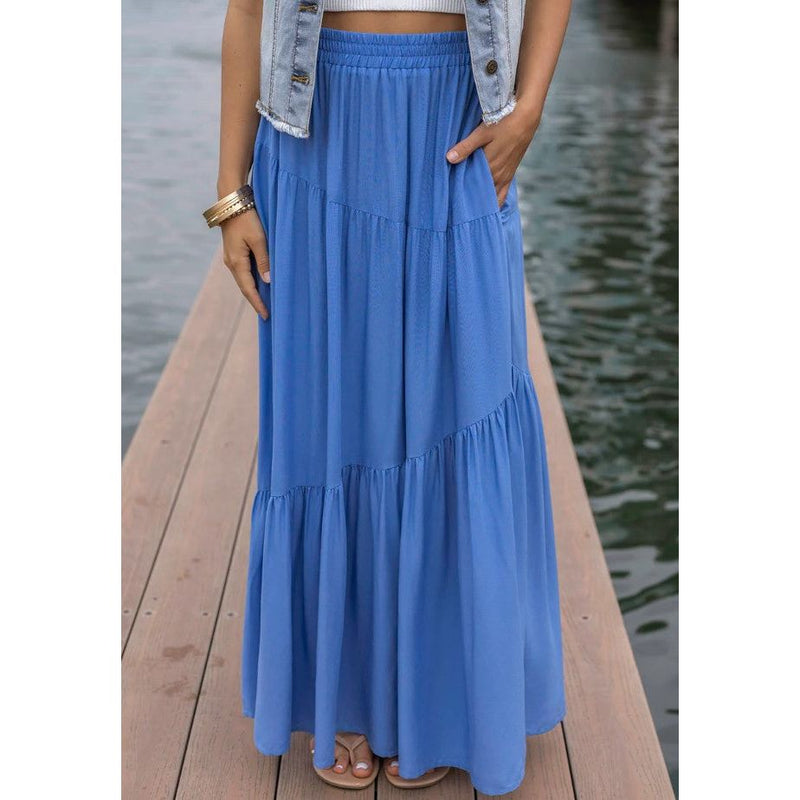 Grace and Lace Pocketed Tiered Maxi Skirt - Cornflower Blue