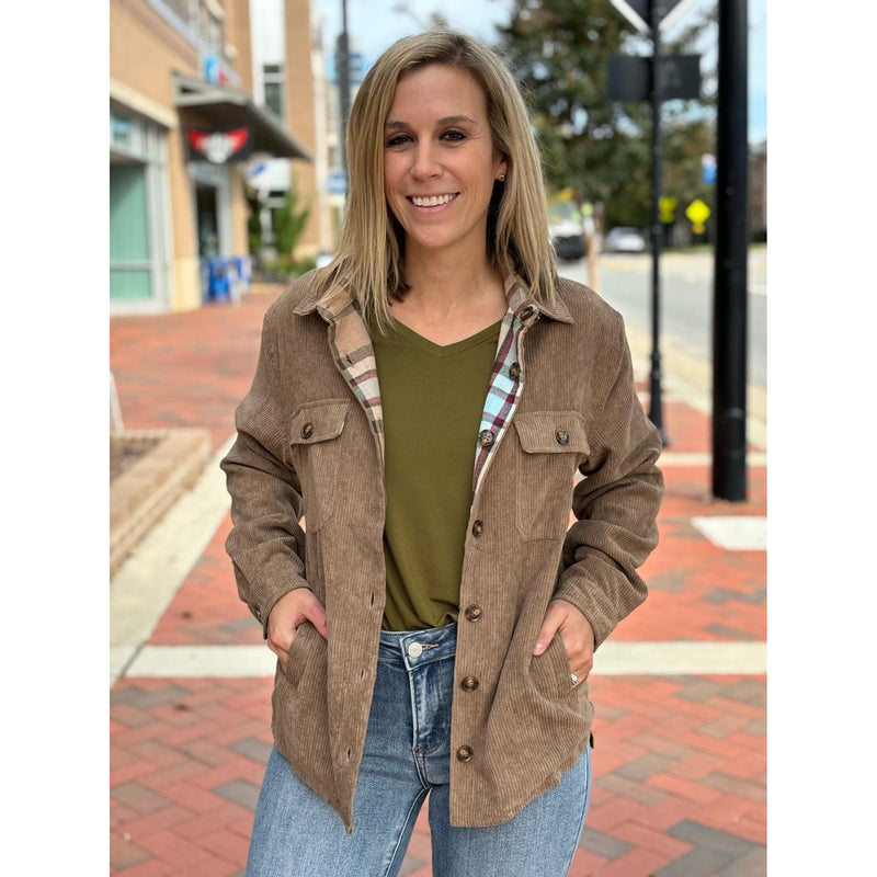 Grace and Lace Reversible Corduroy Shacket - Tan/Olive Plaid
