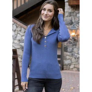 Grace and Lace Ribbed Henley Sweater - English Blue