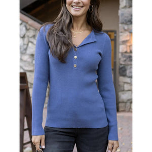 Grace and Lace Ribbed Henley Sweater - English Blue