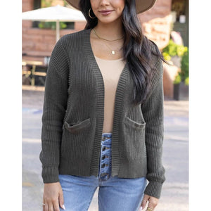 Grace and Lace Slouchy Knit Pocket Cardigan - Deep Olive