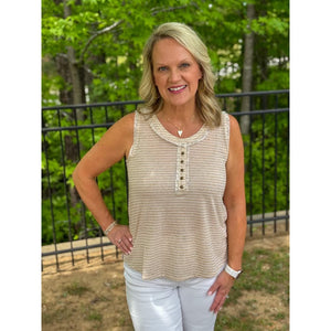 Grace and Lace Snap Up Henley Tank Top - Natural Stripe