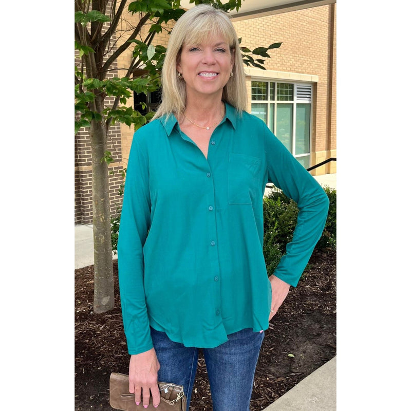 Grace and Lace Stretch Fit Button Up Top - Everglade Green