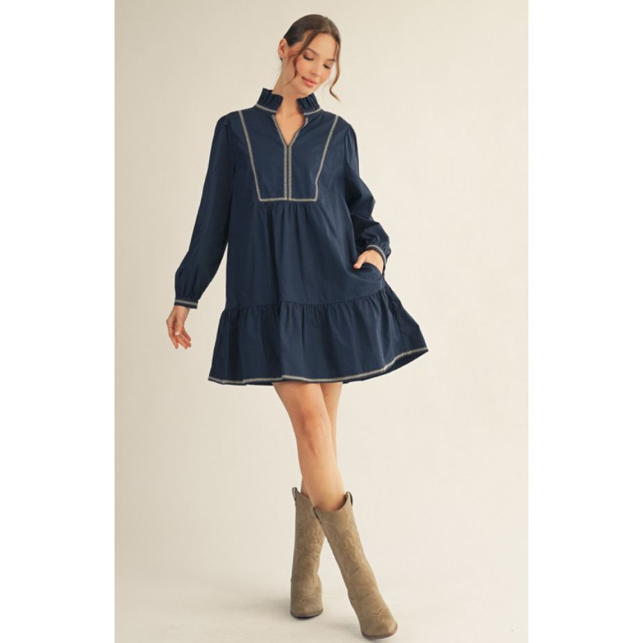 Gracelyn Long Sleeve Ruffled Collar Mini Dress - Navy