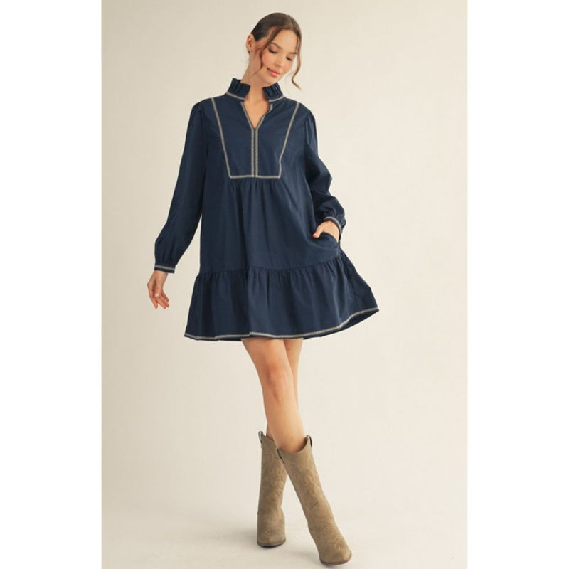Gracelyn Long Sleeve Ruffled Collar Mini Dress - Navy