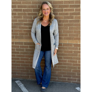 Judith Long Split Side Cardigan with Pockets - Grey