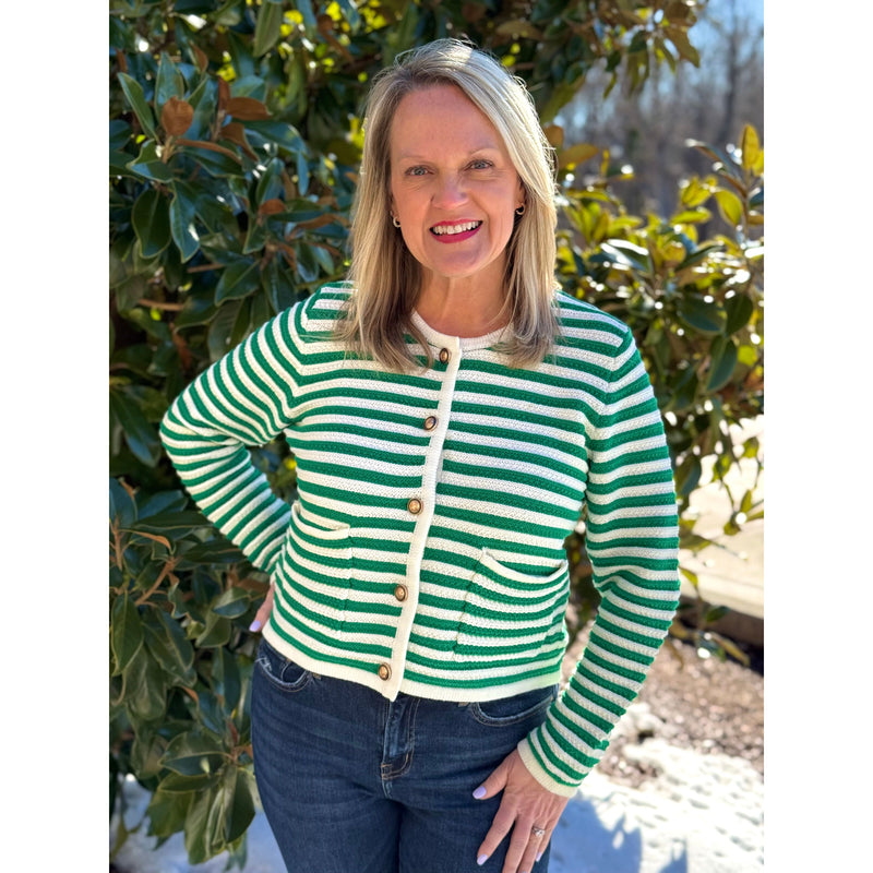 Maeve Striped Round Neck Long Sleeve Cardigan - Green/Cream