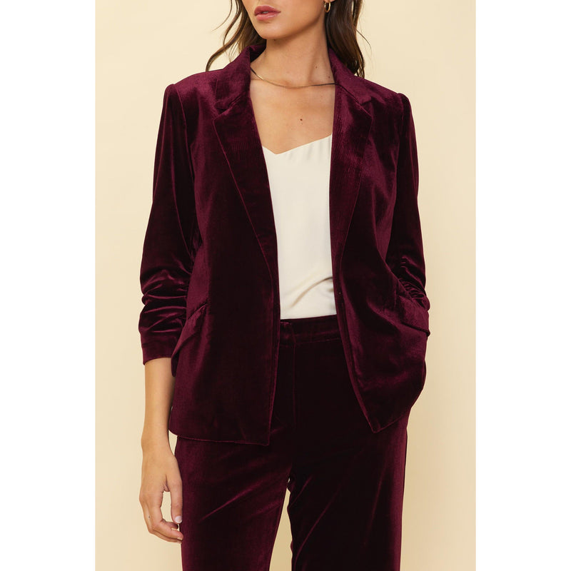 Harbor Ruched Sleeve Velvet Blazer - Burgundy