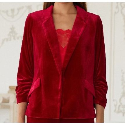 Harbor Ruched Sleeve Velvet Blazer - Red