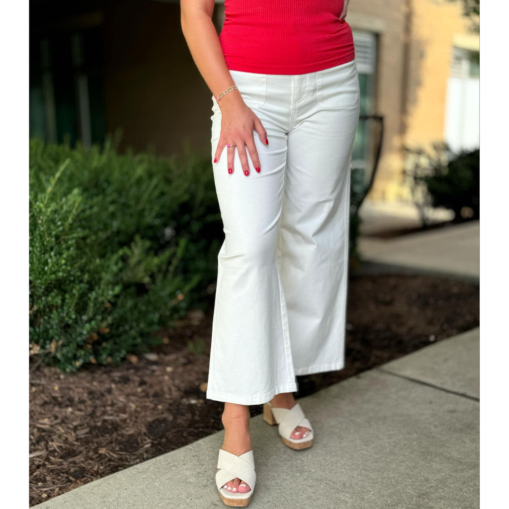 Emaline High-Waisted Wide Leg Pants with Front Pockets - Off White - FINAL SALE