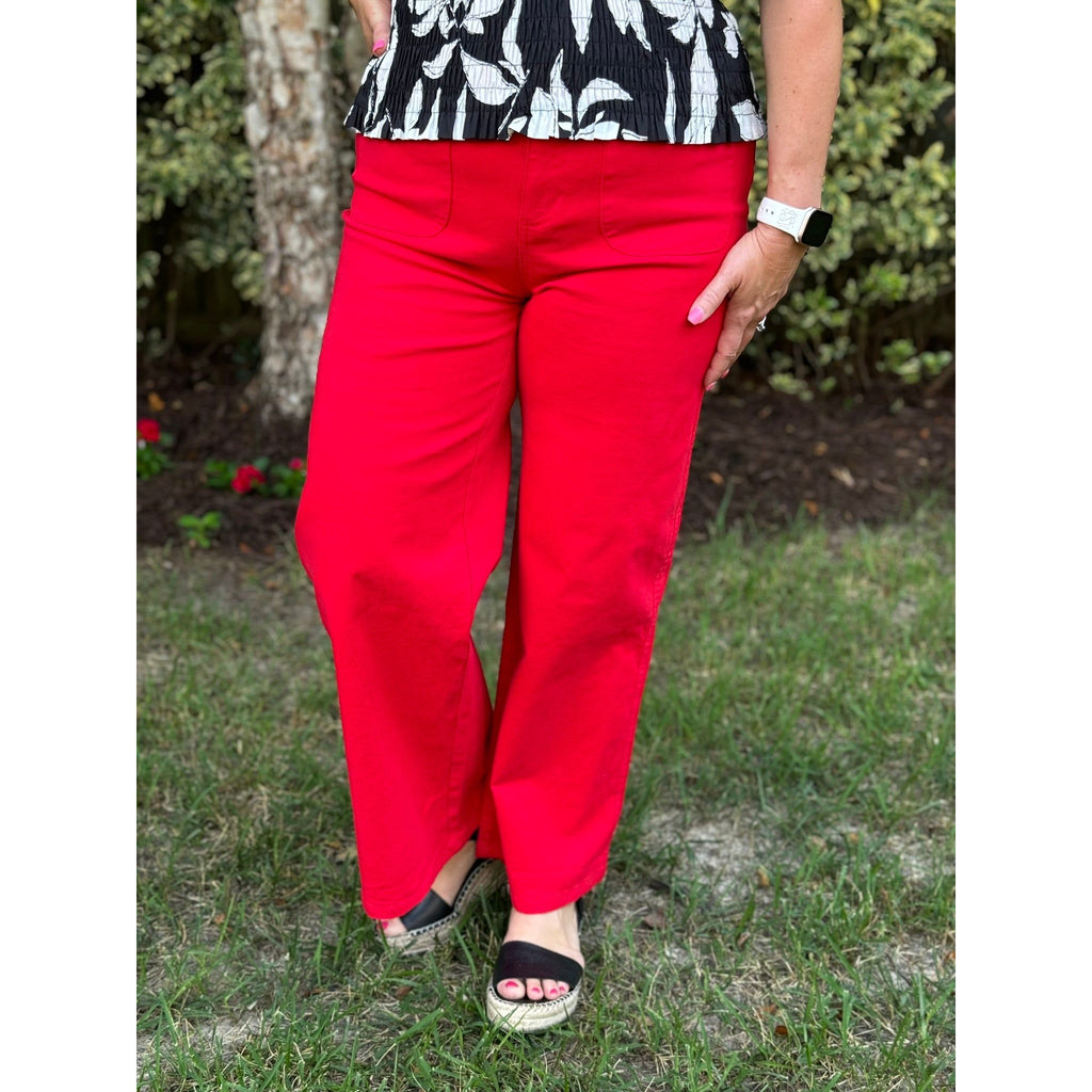 Emaline High-Waisted Wide Leg Pants with Front Pockets - Red - FINAL SALE