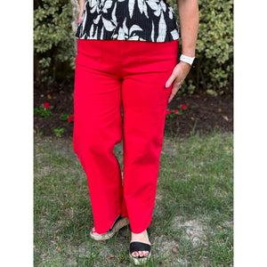 Emaline High-Waisted Wide Leg Pants with Front Pockets - Red