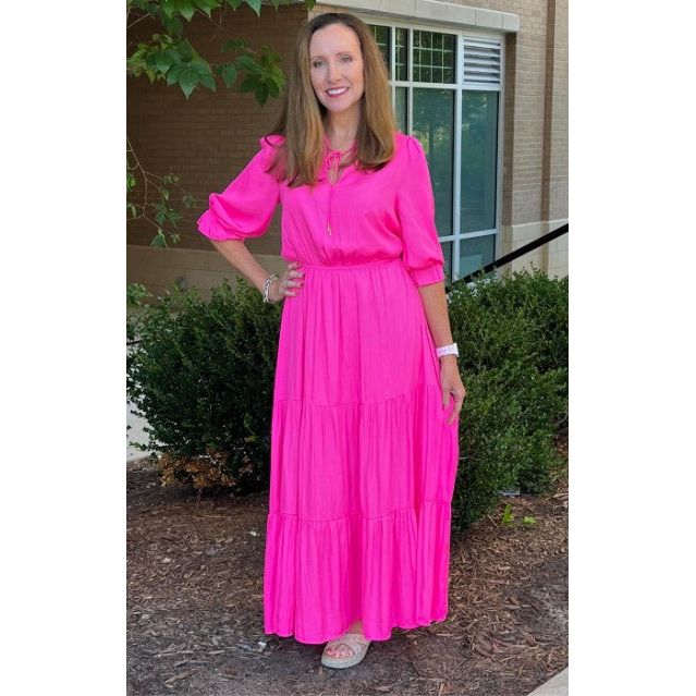 Rayne Split Neck Ruffle Tiered Maxi Dress - Pink Bubblegum