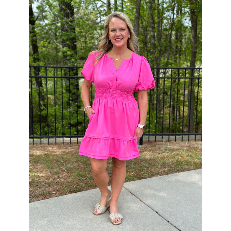 Adalee Solid Short Puff Sleeve Dress - Hot Pink