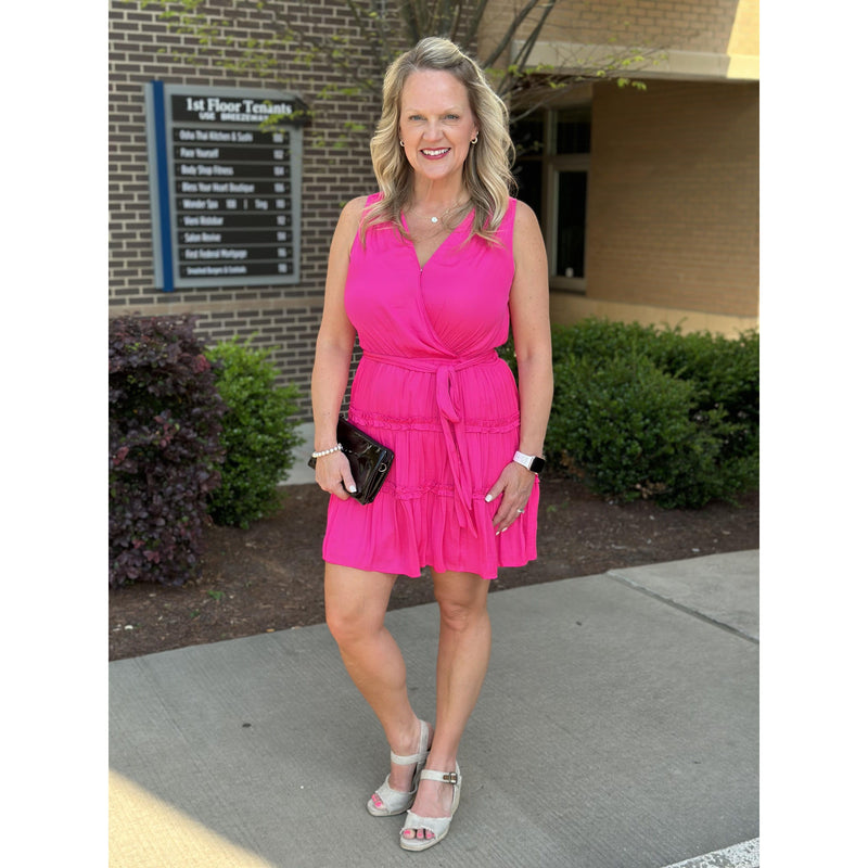 Valerie Sleeveless Surplice Dress with Sash Tie Belt - Hot Pink